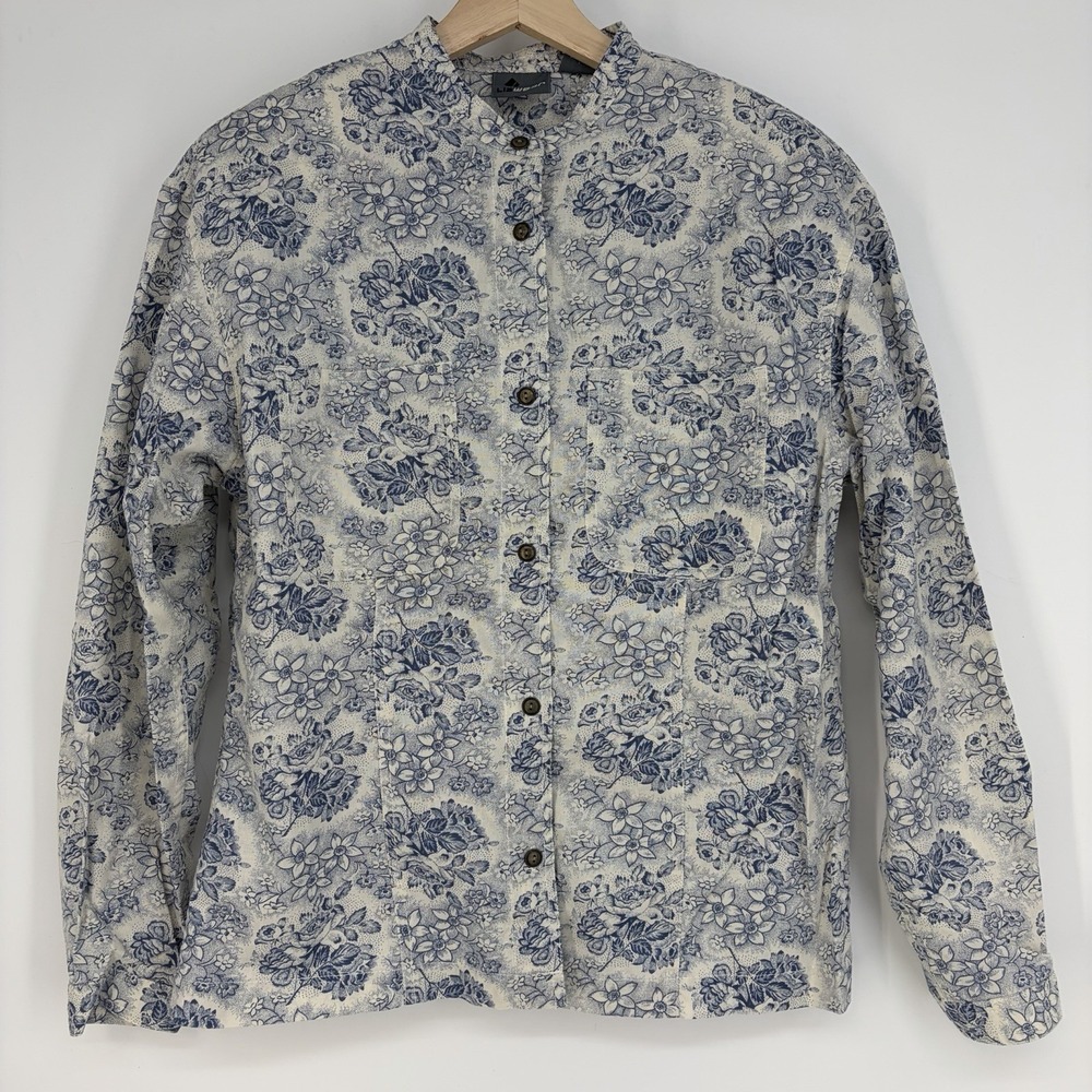 VTG Lizwear Blouse M Blue Toile Floral Buttons Long Sleeve Cottagecore Boho Top
